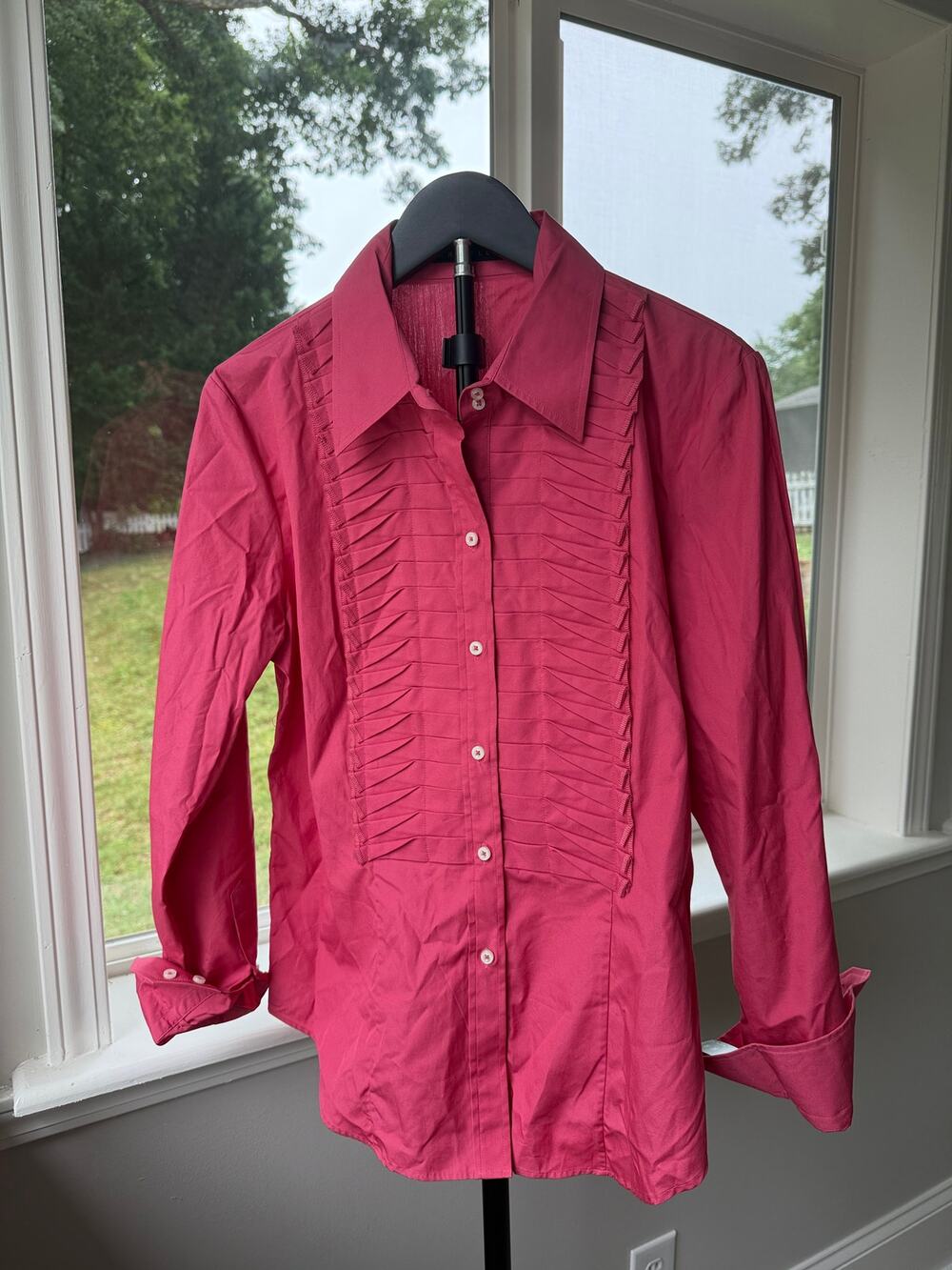Pink Pleated Tuxedo Button Down Shirt Perry Ellis Size 10 NWT Office Siren